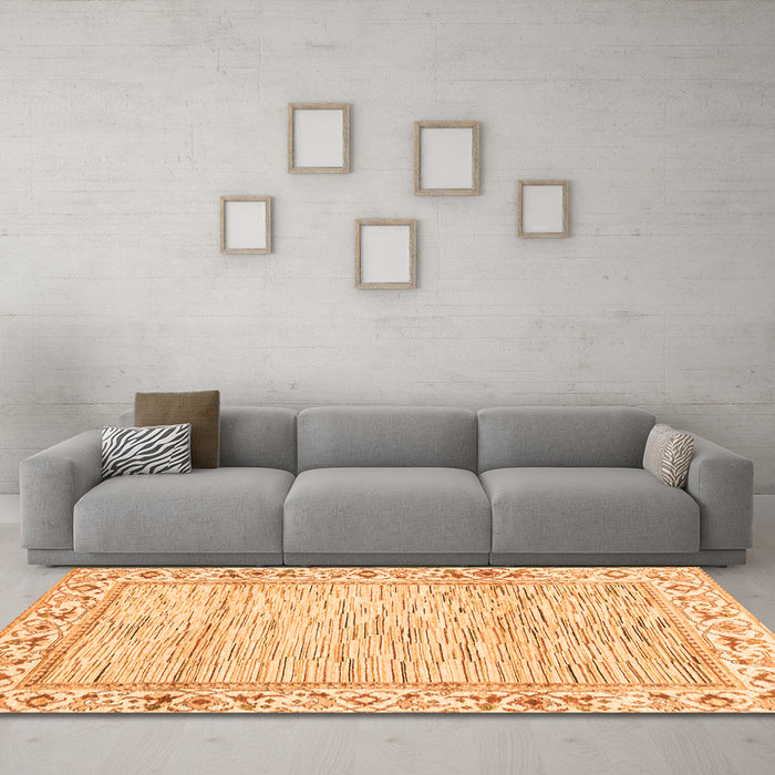 Machine Washable Abstract Orange Modern Area Rugs in a Living Room, wshabs3420org