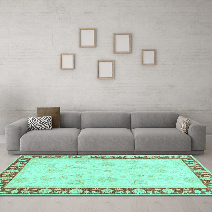 Machine Washable Oriental Turquoise Traditional Area Rugs in a Living Room,, wshabs3427turq