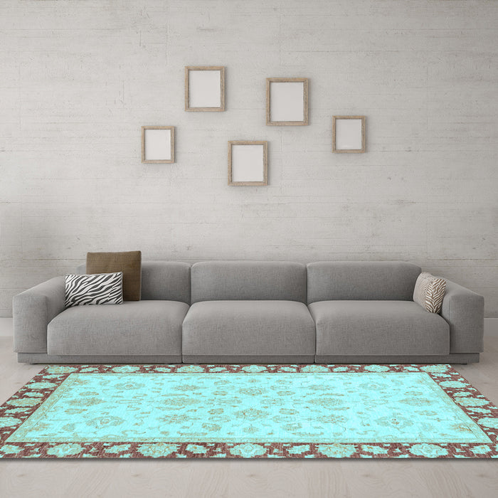 Machine Washable Oriental Light Blue Traditional Rug in a Living Room, wshabs3428lblu