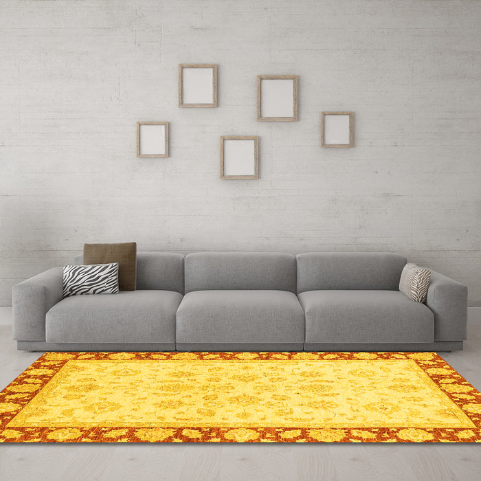 Machine Washable Oriental Yellow Traditional Rug in a Living Room, wshabs3428yw