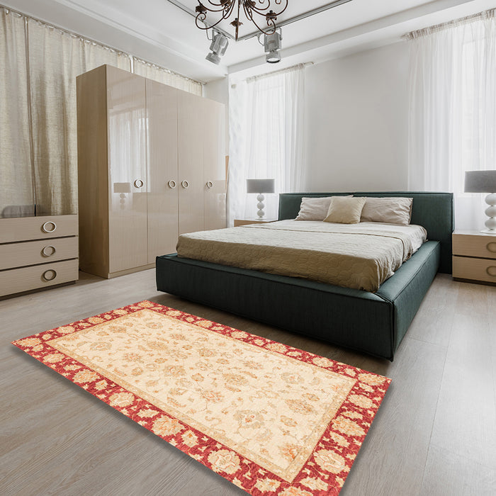 Abstract Khaki Gold Oriental Rug in a Bedroom, abs3428