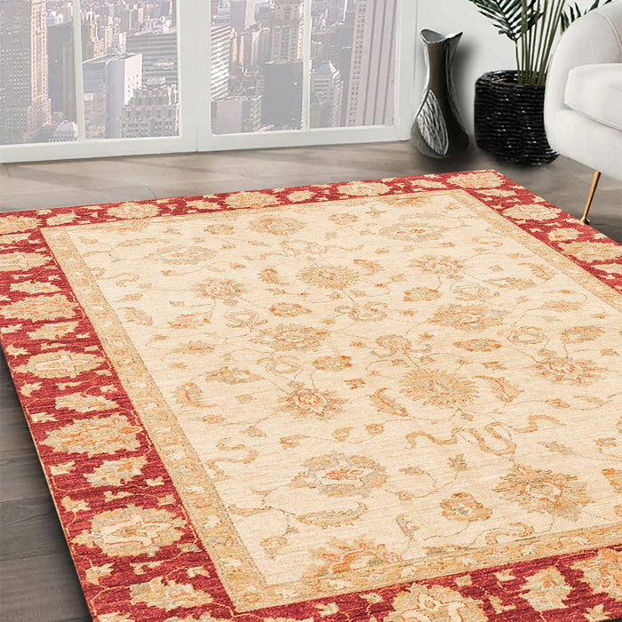 Abstract Khaki Gold Oriental Rug in Family Room, abs3428