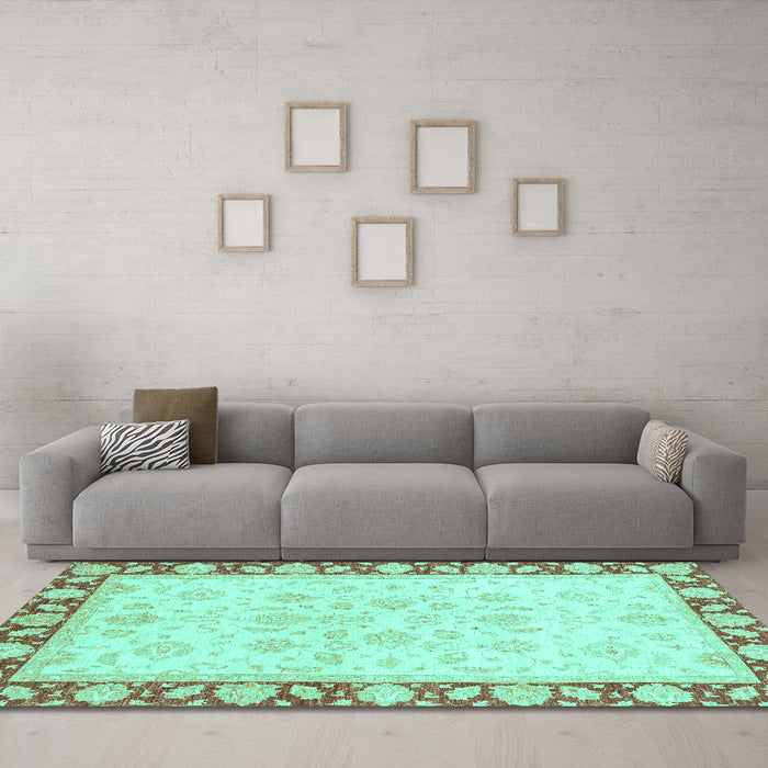 Machine Washable Oriental Turquoise Traditional Area Rugs in a Living Room,, wshabs3428turq