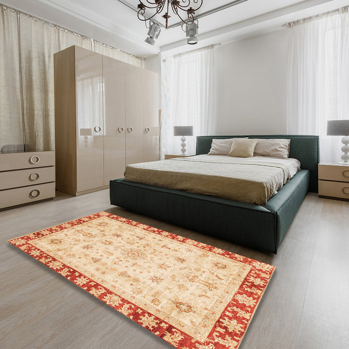 Abstract Brown Gold Modern Rug in a Bedroom, abs3430