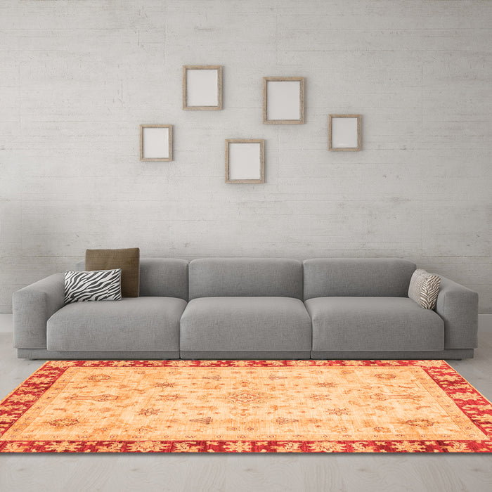 Machine Washable Abstract Orange Modern Area Rugs in a Living Room, wshabs3430org