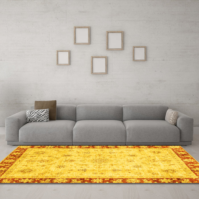 Machine Washable Abstract Yellow Modern Rug in a Living Room, wshabs3430yw