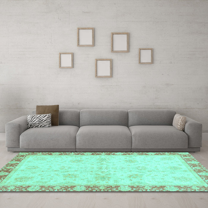 Machine Washable Abstract Turquoise Modern Area Rugs in a Living Room,, wshabs3434turq