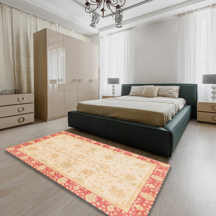 Machine Washable Abstract Khaki Gold Rug in a Bedroom, wshabs3434