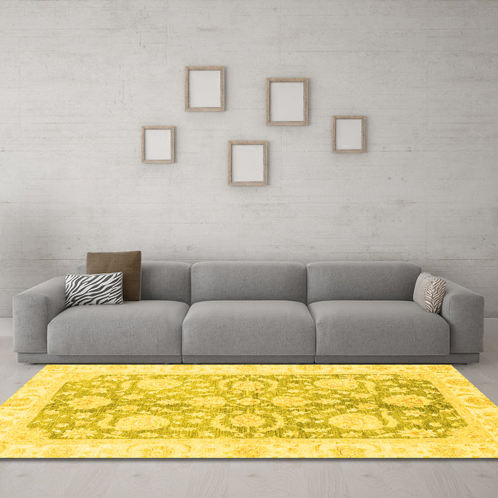 Machine Washable Oriental Yellow Traditional Rug in a Living Room, wshabs3435yw