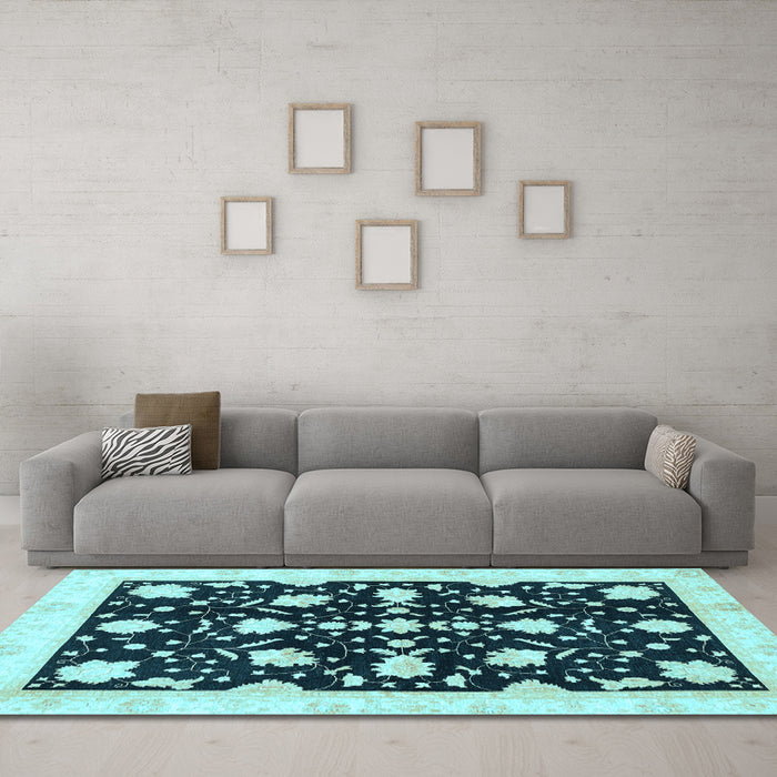Machine Washable Oriental Light Blue Traditional Rug in a Living Room, wshabs3436lblu