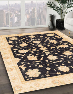 Abstract Brown Gold Oriental Rug in Family Room, abs3436