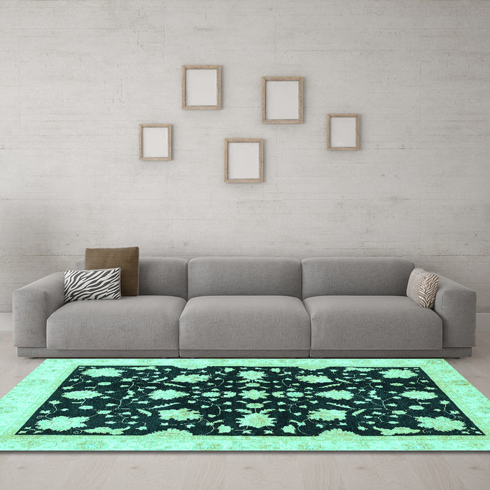 Machine Washable Oriental Turquoise Traditional Area Rugs in a Living Room,, wshabs3436turq