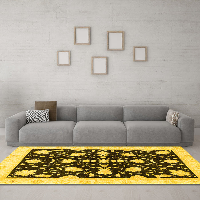 Machine Washable Oriental Yellow Traditional Rug in a Living Room, wshabs3436yw