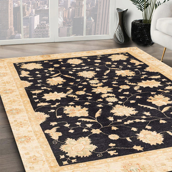 Abstract Brown Gold Oriental Rug in Family Room, abs3436