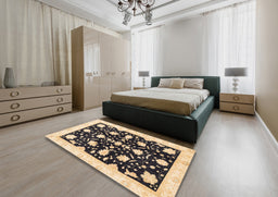 Abstract Brown Gold Oriental Rug in a Bedroom, abs3436