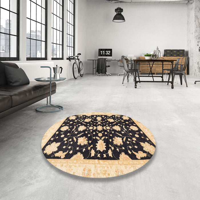 Round Abstract Brown Gold Oriental Rug in a Office, abs3436
