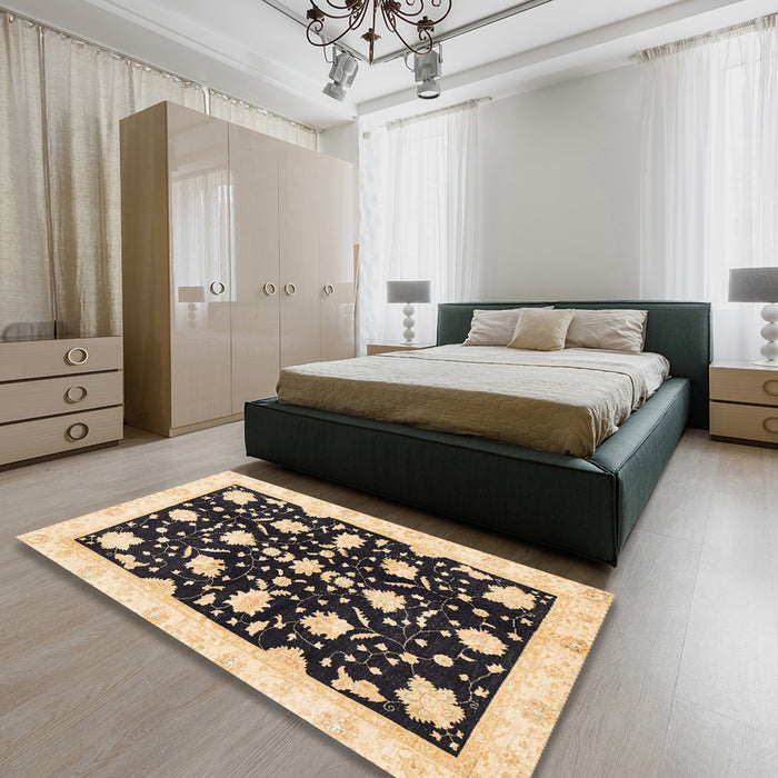Machine Washable Abstract Brown Gold Rug in a Bedroom, wshabs3436