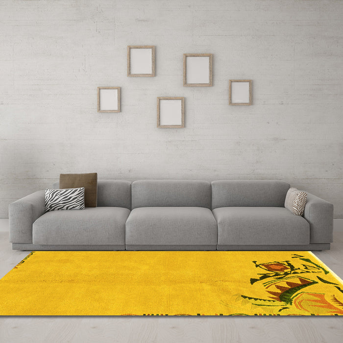 Machine Washable Abstract Yellow Modern Rug in a Living Room, wshabs3447yw