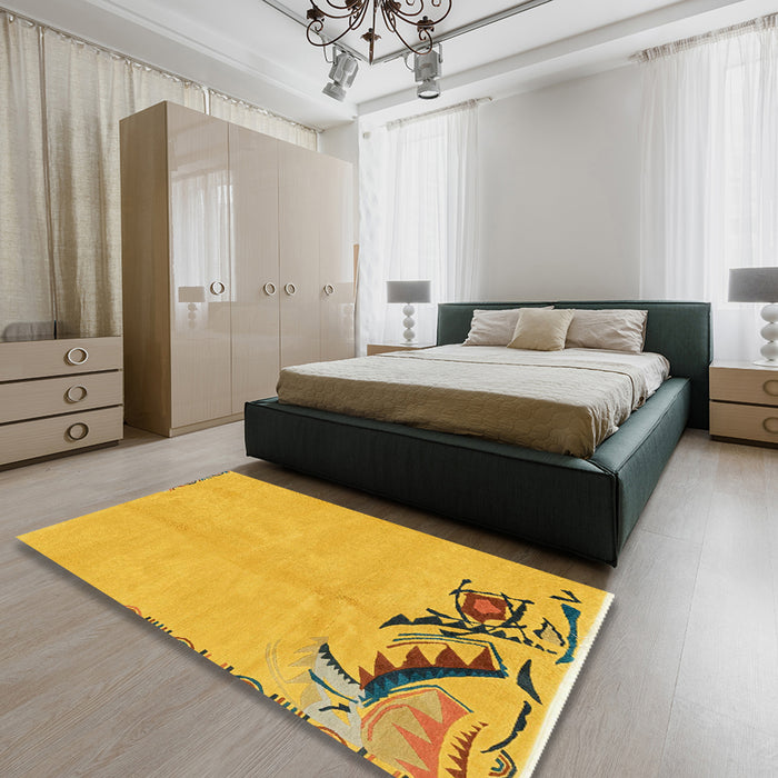 Abstract Yellow Modern Rug in a Bedroom, abs3447