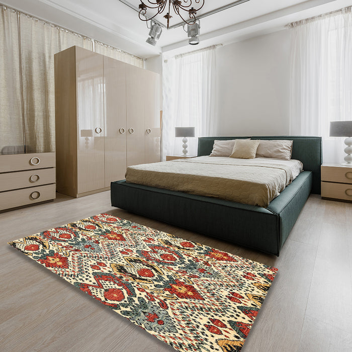 Abstract Red Brown Modern Rug in a Bedroom, abs345