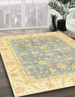 Abstract Brownish Green Oriental Rug in Family Room, abs3460