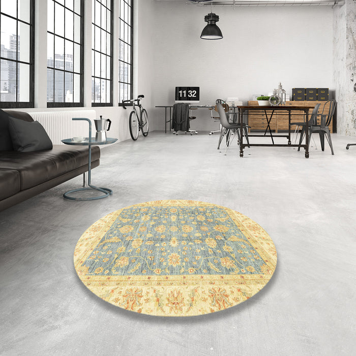 Round Machine Washable Abstract Brown Green Rug in a Office, wshabs3460