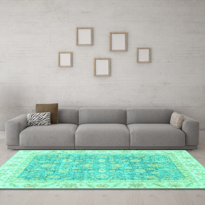 Machine Washable Oriental Turquoise Traditional Area Rugs in a Living Room,, wshabs3460turq