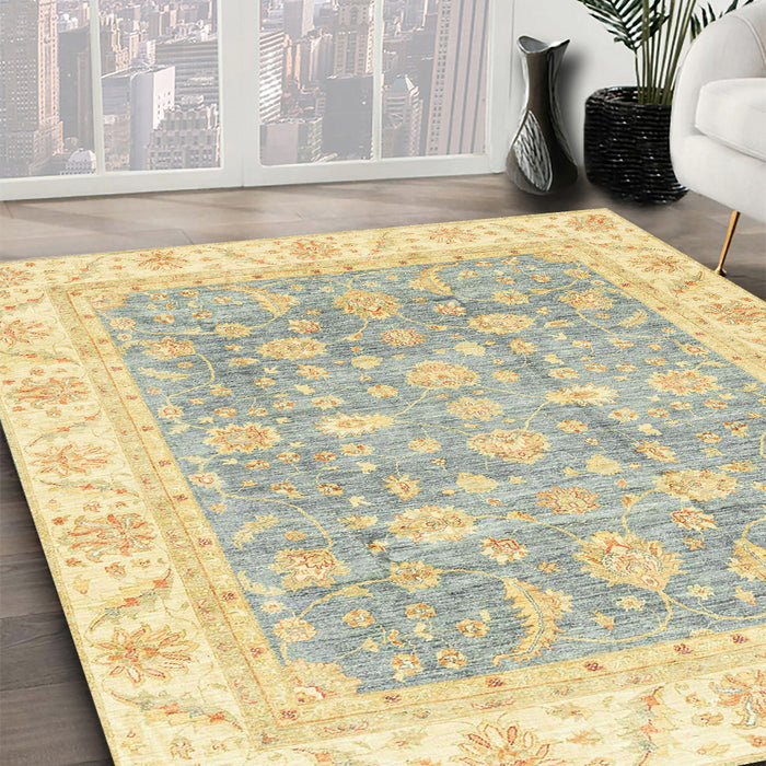 Abstract Brownish Green Oriental Rug in Family Room, abs3460
