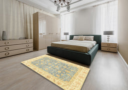 Abstract Brownish Green Oriental Rug in a Bedroom, abs3460