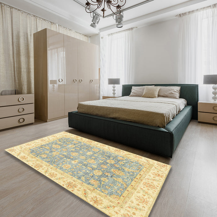 Abstract Brownish Green Oriental Rug in a Bedroom, abs3460