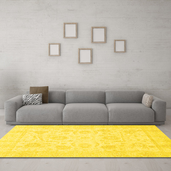 Machine Washable Oriental Yellow Traditional Rug in a Living Room, wshabs3461yw