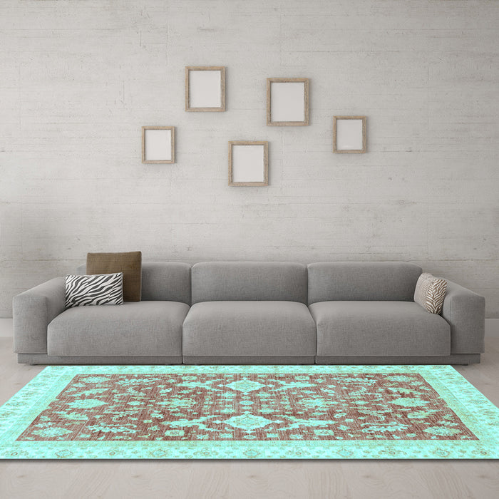 Machine Washable Oriental Light Blue Traditional Rug in a Living Room, wshabs3462lblu
