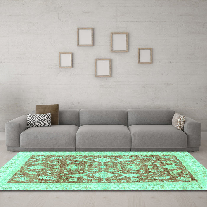 Machine Washable Oriental Turquoise Traditional Area Rugs in a Living Room,, wshabs3462turq