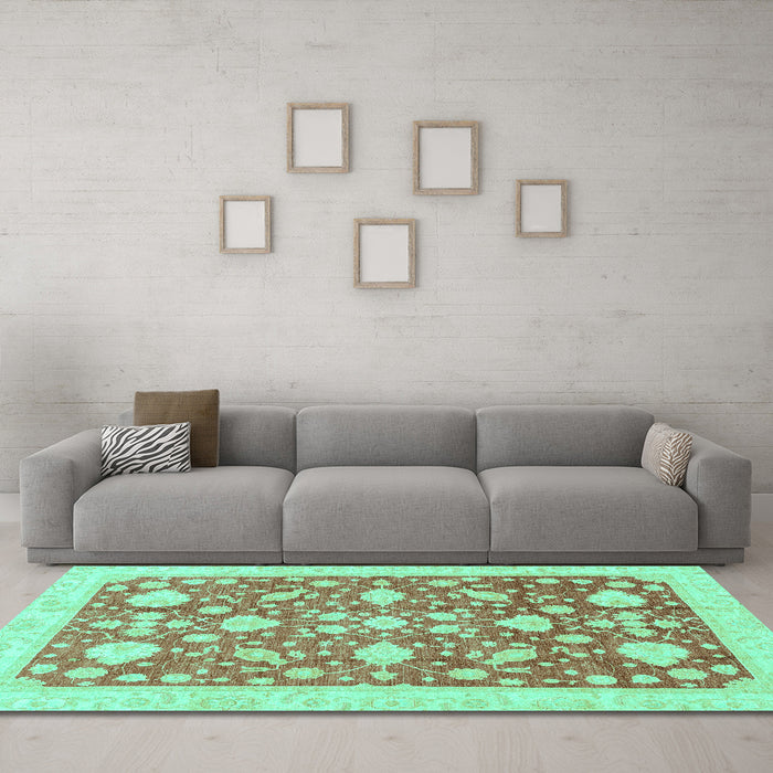 Machine Washable Oriental Turquoise Traditional Area Rugs in a Living Room,, wshabs3463turq