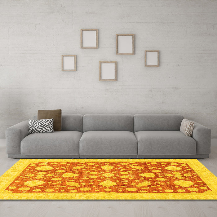 Machine Washable Oriental Yellow Traditional Rug in a Living Room, wshabs3463yw