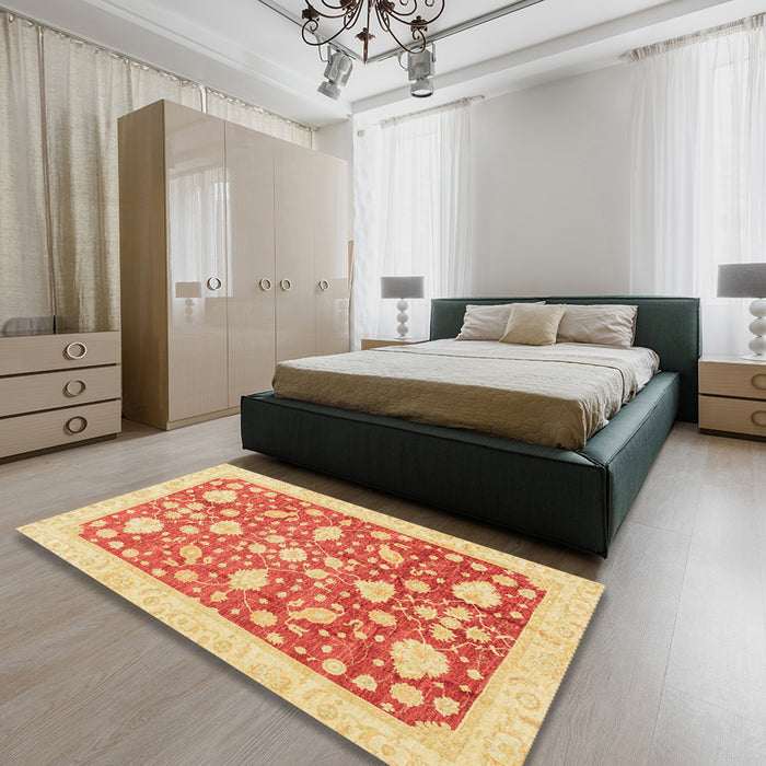 Abstract Orange Red Oriental Rug in a Bedroom, abs3463