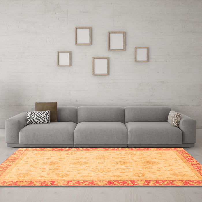 Machine Washable Abstract Orange Modern Area Rugs in a Living Room, wshabs3464org
