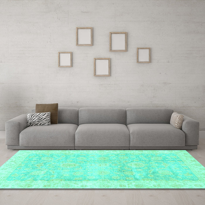 Machine Washable Oriental Turquoise Traditional Area Rugs in a Living Room,, wshabs3466turq