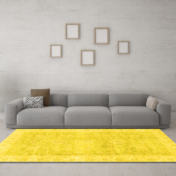 Machine Washable Oriental Yellow Traditional Rug in a Living Room, wshabs3466yw