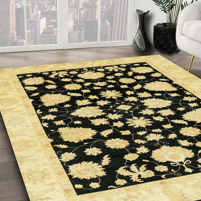 Abstract Mustard Yellow Oriental Rug in Family Room, abs3468