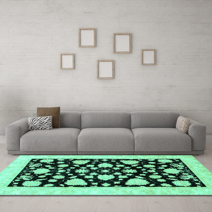 Machine Washable Oriental Turquoise Traditional Area Rugs in a Living Room,, wshabs3468turq