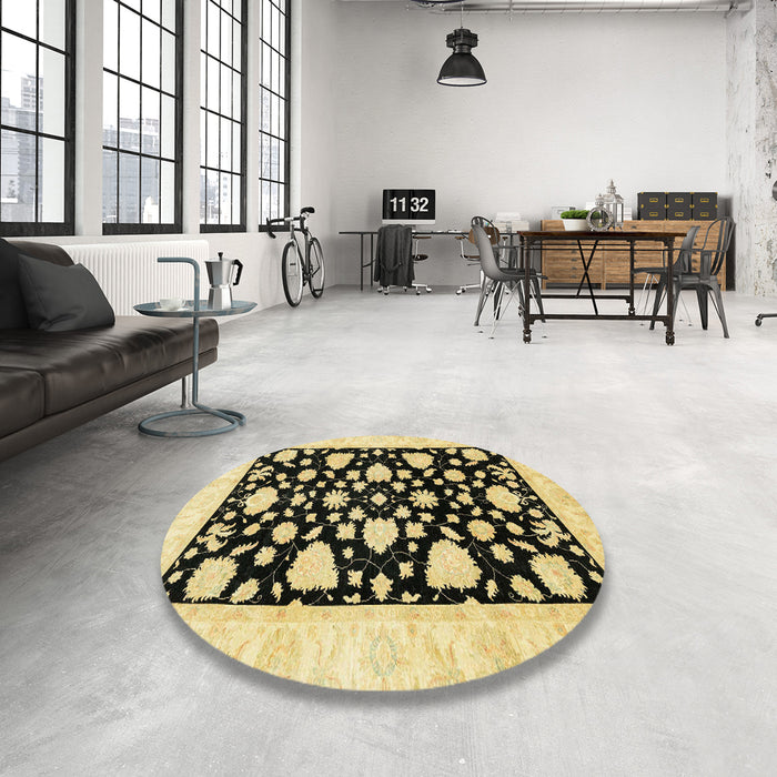 Round Machine Washable Abstract Mustard Yellow Rug in a Office, wshabs3468