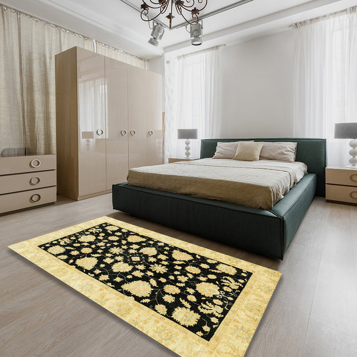 Machine Washable Abstract Mustard Yellow Rug in a Bedroom, wshabs3468