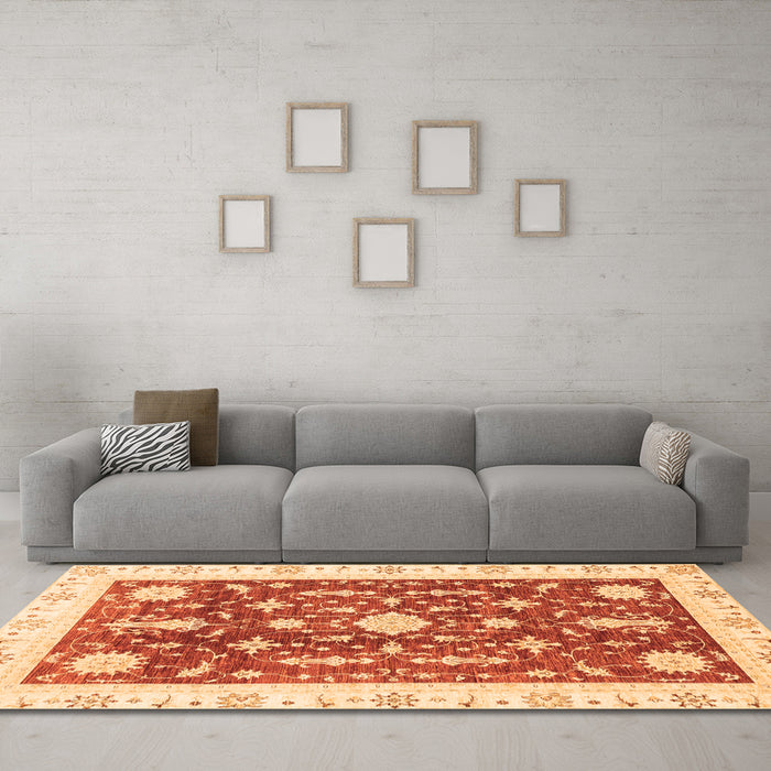 Machine Washable Abstract Orange Modern Area Rugs in a Living Room, wshabs3469org