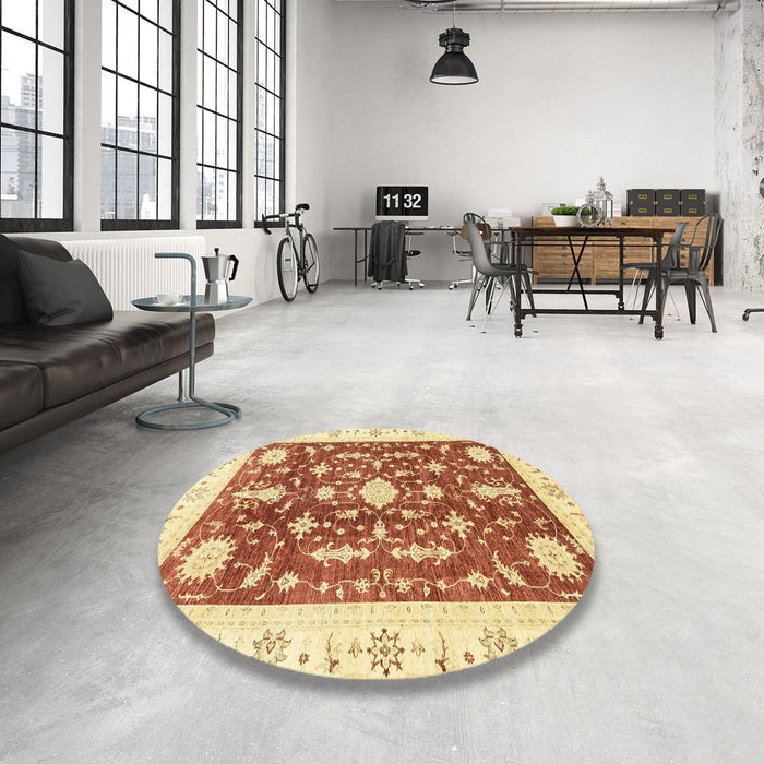 Round Abstract Mustard Yellow Modern Rug in a Office, abs3469