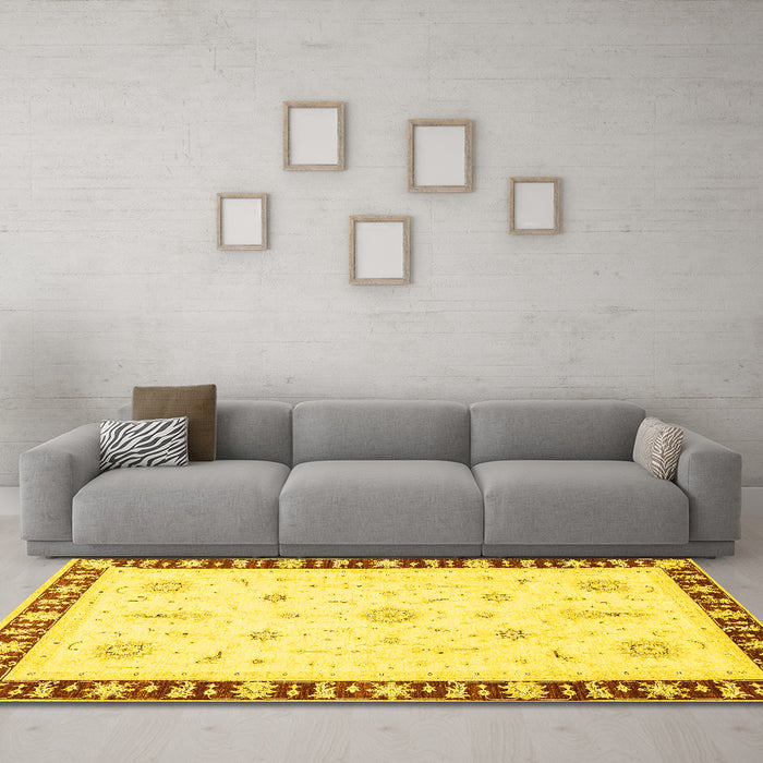 Machine Washable Abstract Yellow Modern Rug in a Living Room, wshabs3470yw