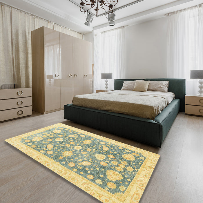 Machine Washable Abstract Mustard Yellow Rug in a Bedroom, wshabs3471