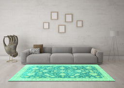 Machine Washable Oriental Turquoise Traditional Area Rugs in a Living Room,, wshabs3471turq