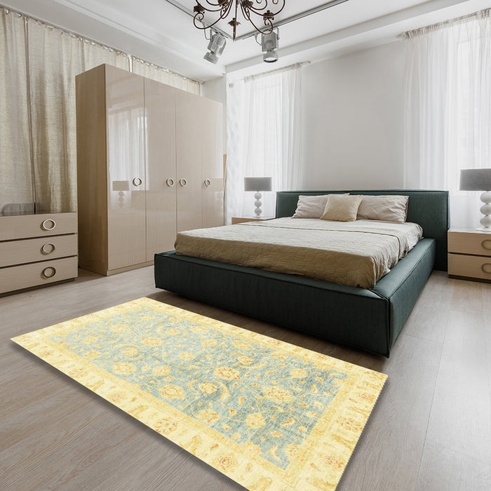 Machine Washable Abstract Sun Yellow Rug in a Bedroom, wshabs3472