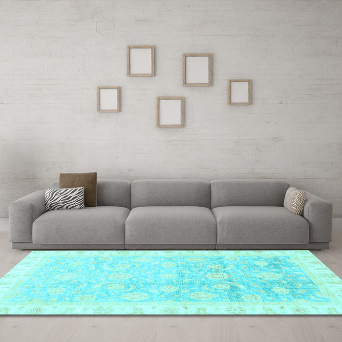 Machine Washable Oriental Light Blue Traditional Rug in a Living Room, wshabs3472lblu